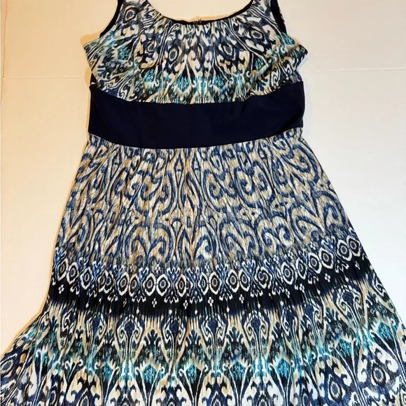 R&M Richards Blue Ikat Empire Waist Midi Dress 18 Resort Cruise Vacation Summer - Picture 7 of 9